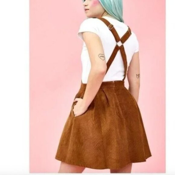 Dolls Kill Sugar Thrillz Bear Pinafore Dress M Brown Corduroy Overalls Kawaii - Picture 2 of 8